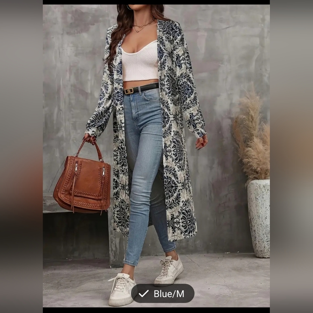 Floral Blue Long Cardigan Sweater